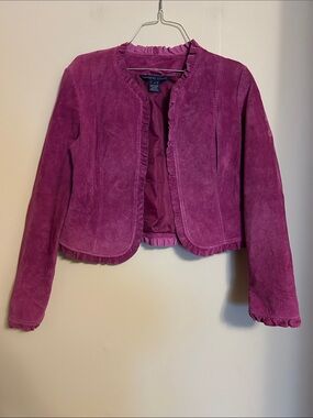 CATHERINE STEWART pink suede short jacket polyester lining ruffled trim size S